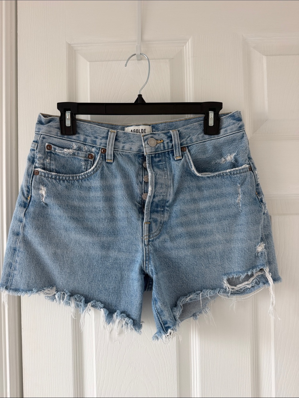 Agolde Parker long 26 swapmeet Distressed High-Rise Denim Shorts